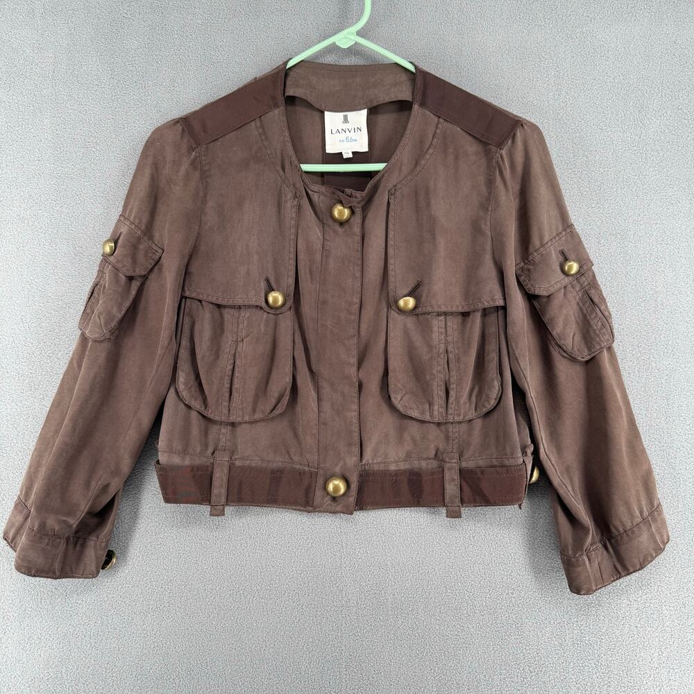 Lanvin en Bleu Silk Cropped‎ Jacket Womens 38 Brown Full Zip Soft Luxury Chic